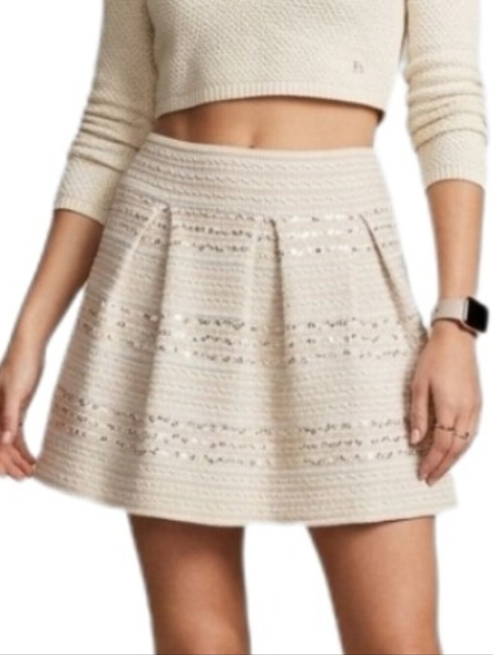 Ginger G Skirt Tweed A-Line Mini Shimmer Sequined Cream Size M